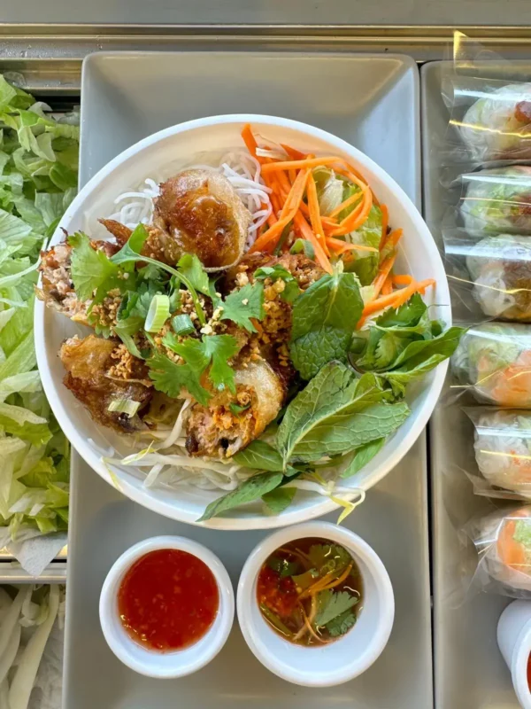 Vietnamese Vermicelli Noodle with Grill Pork and Spring Roll